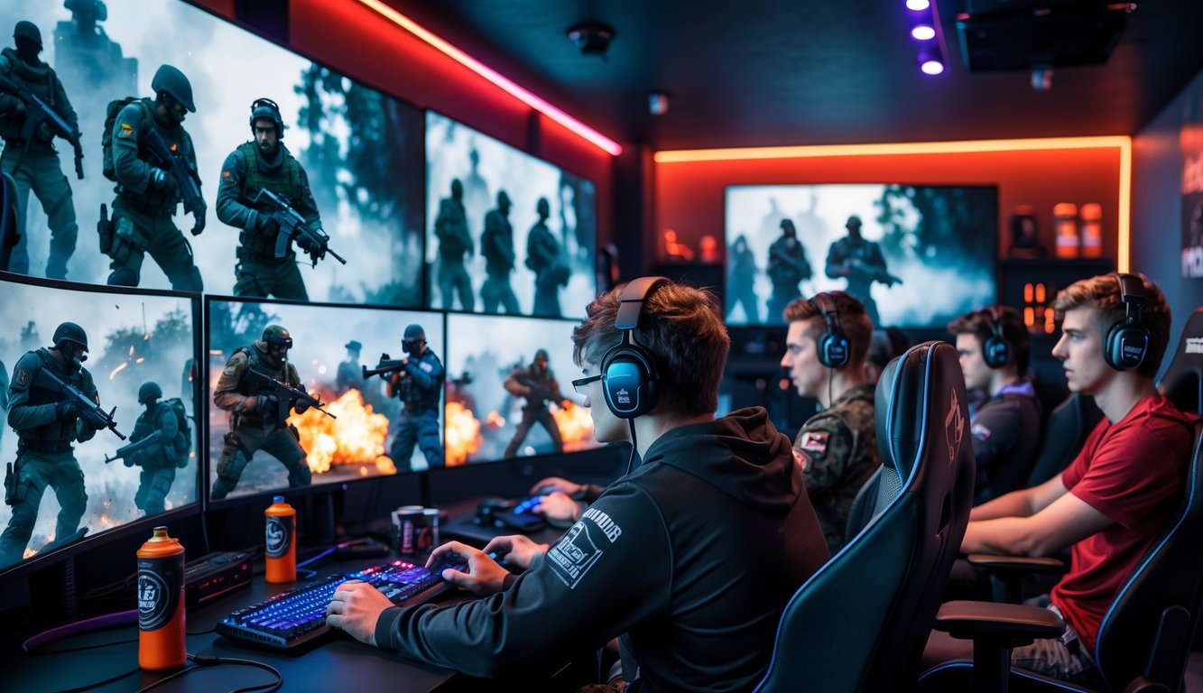 Sejumlah orang muda sedang bermain game tembak-tembakan secara multiplayer di sebuah ruangan gaming yang modern.