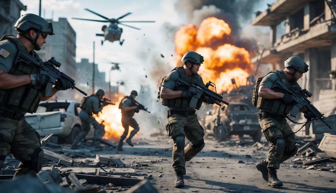 Beberapa tentara bersenjata lengkap sedang bertempur di zona perang perkotaan yang hancur dengan ledakan dan asap di latar belakang.