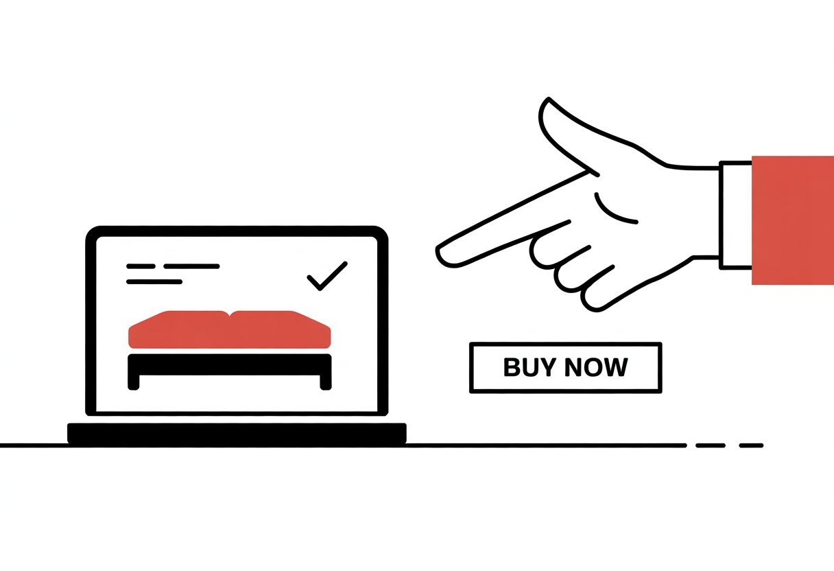 A laptop screen showing a mattress icon with a checkmark, and a hand pointing at a buy button next to it.
