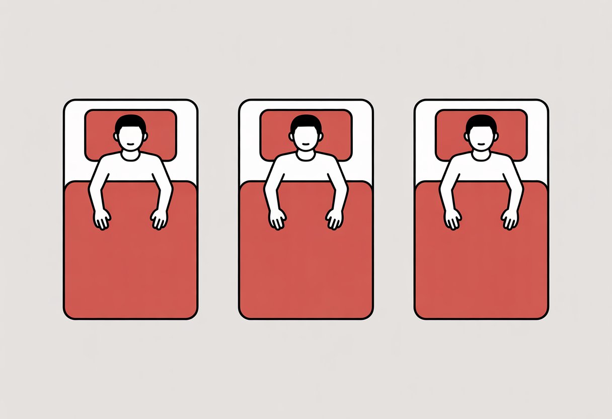 Three simplified human figures lying on mattresses in back, side, and stomach sleeping positions.