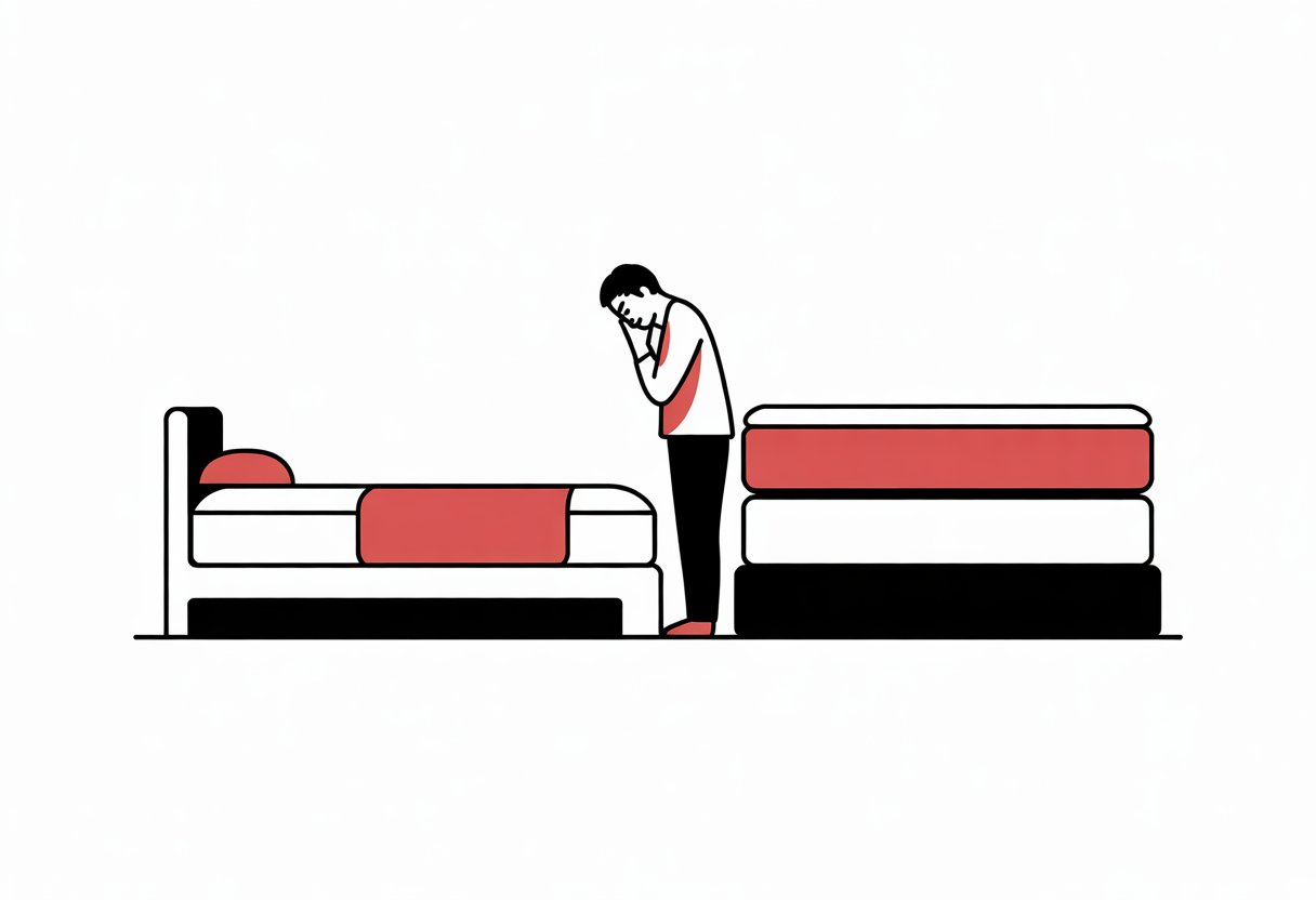 A person comparing two mattresses side by side in a simple bedroom with a bed frame.