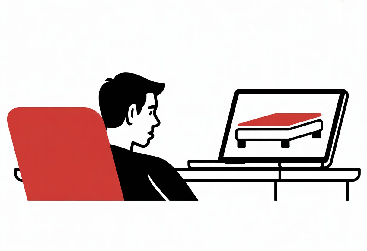 A person sitting at a desk using a laptop to shop for mattresses online, with a simple mattress icon visible on the laptop screen.