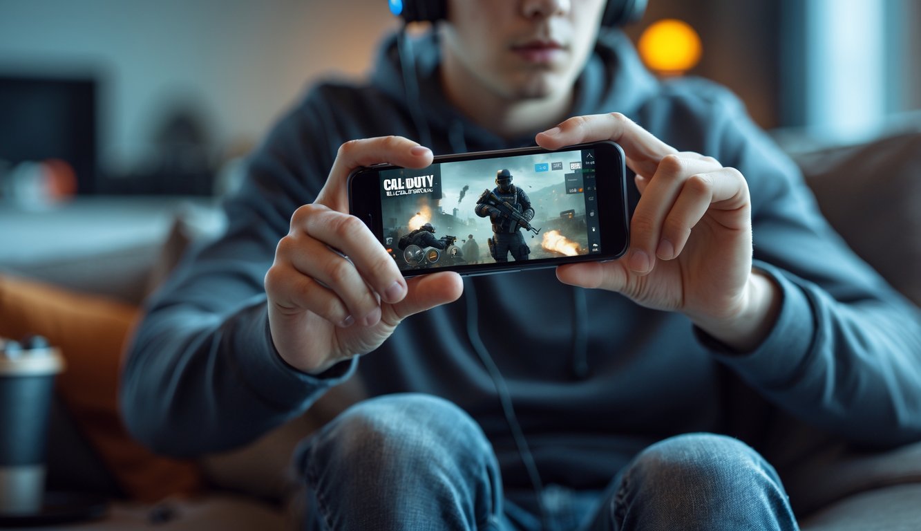 Seseorang sedang fokus memainkan Call of Duty Mobile di ponsel di dalam ruangan.