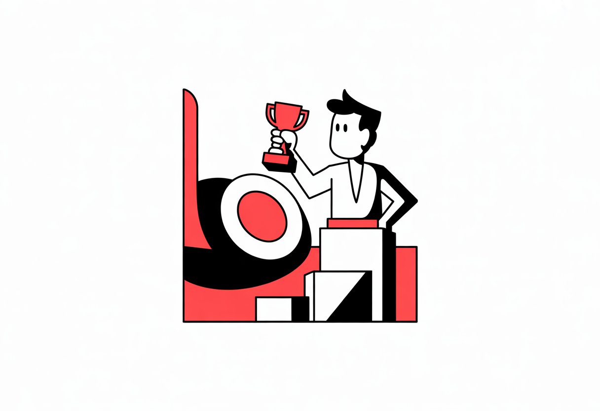 A person standing on a podium holding a trophy, celebrating an award.