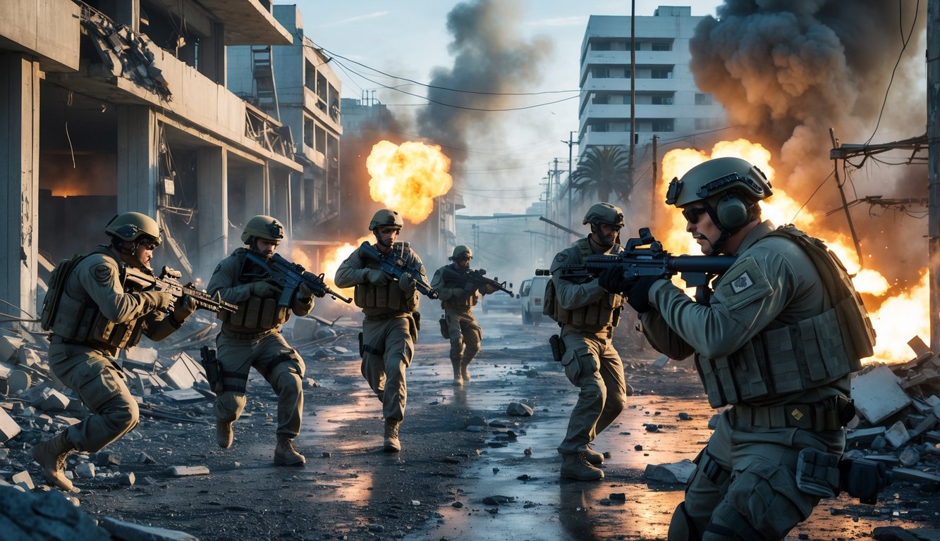 Sekelompok tentara modern sedang bertempur di lingkungan perkotaan yang rusak dengan ledakan dan asap di latar belakang.