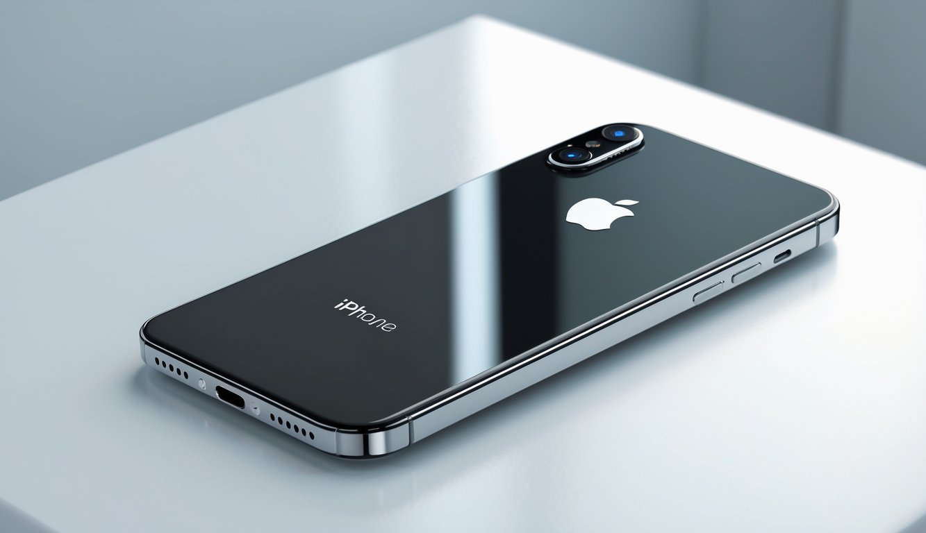 Sebuah iPhone modern diletakkan di atas permukaan putih yang bersih.