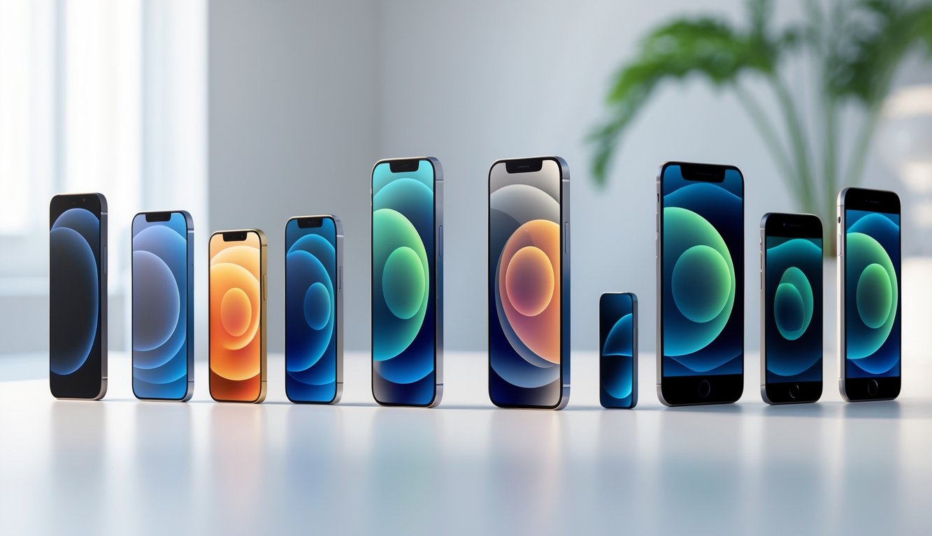 Beberapa model iPhone yang tersusun rapi di atas permukaan putih tanpa teks.