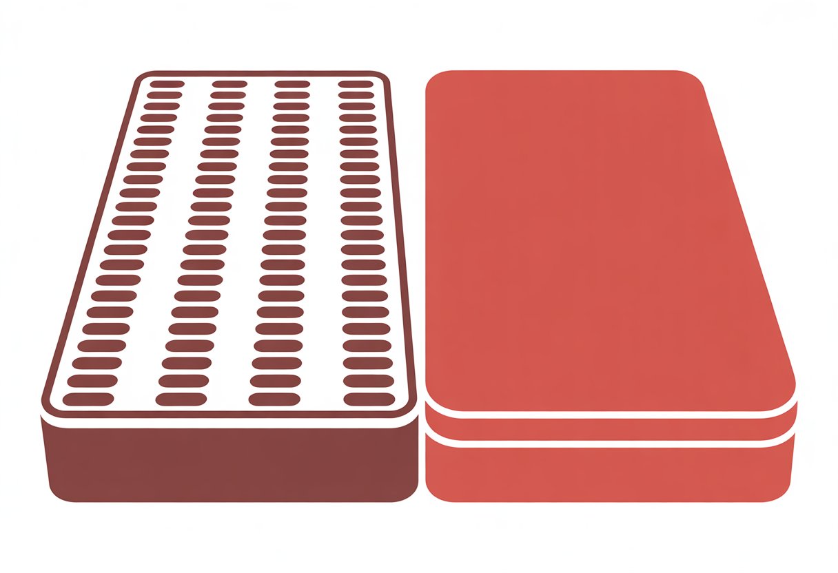 A comic panel showing a spring mattress with visible coil springs next to a smooth memory foam mattress.