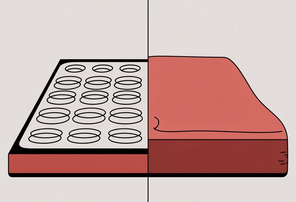 A split image showing a cross-section of a spring mattress with black coil springs on one side and a solid red block representing a memory foam mattress on the other side.