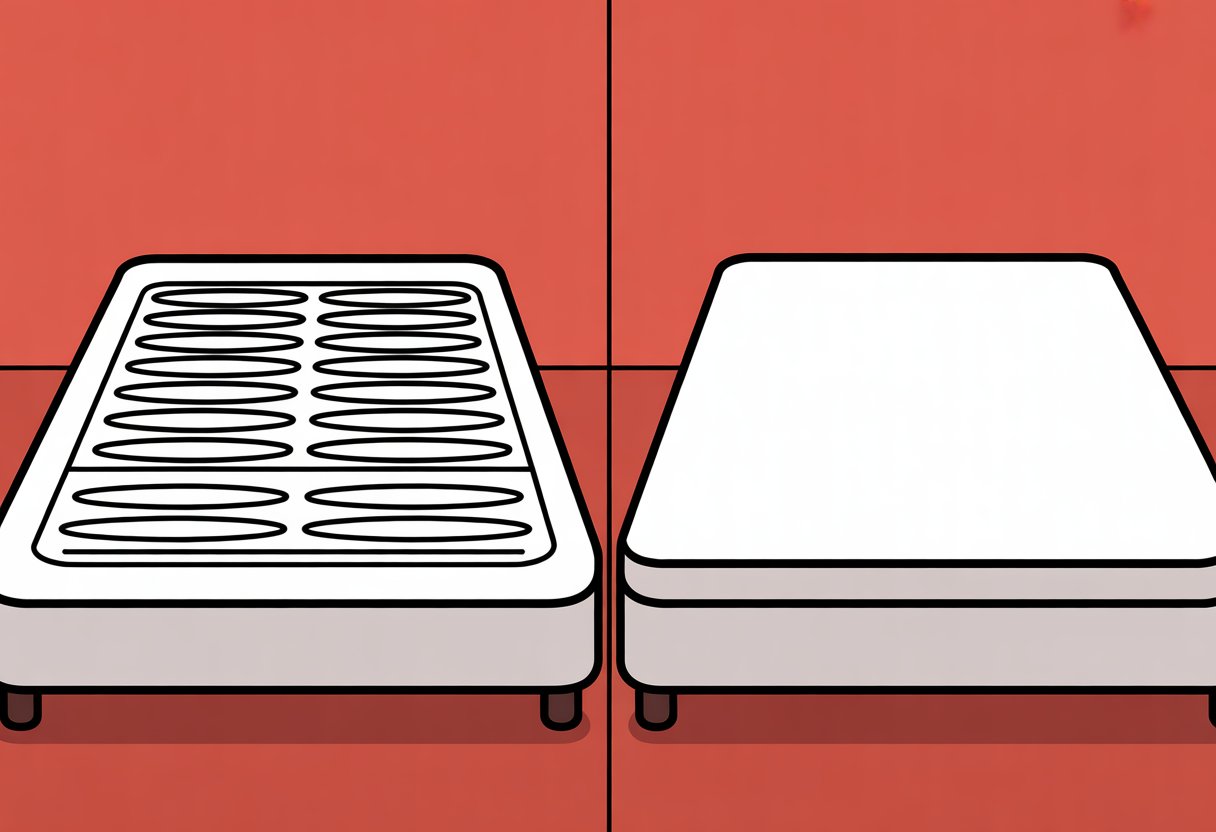 A split panel showing two mattresses side by side: one with visible coils inside and the other as a smooth solid block.
