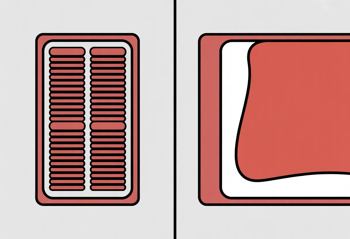 A split image showing a spring mattress with coiled springs on the left and a smooth memory foam mattress on the right.
