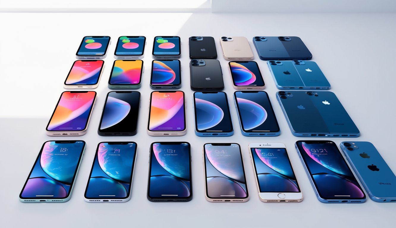 Berbagai model iPhone yang berbeda disusun rapi di atas permukaan putih.