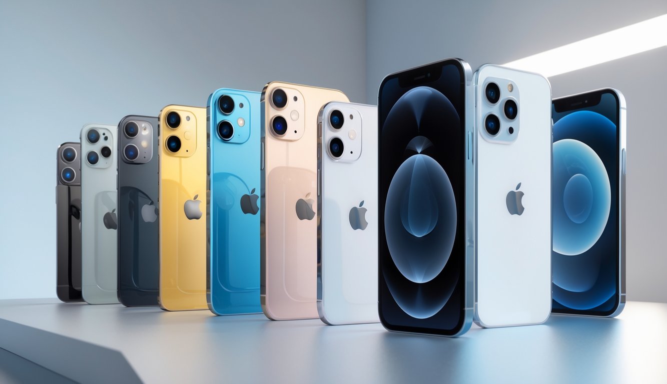 Beberapa iPhone terbaru ditampilkan rapi di atas permukaan modern dengan pencahayaan lembut.