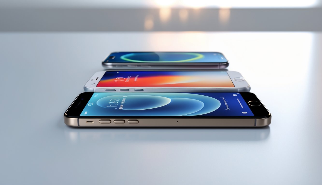 Deretan iPhone yang disusun dari model lama hingga terbaru di atas permukaan putih.