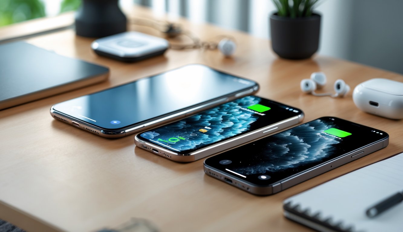 Beberapa model iPhone yang berbeda diletakkan rapi di atas meja kerja dengan pencahayaan alami.