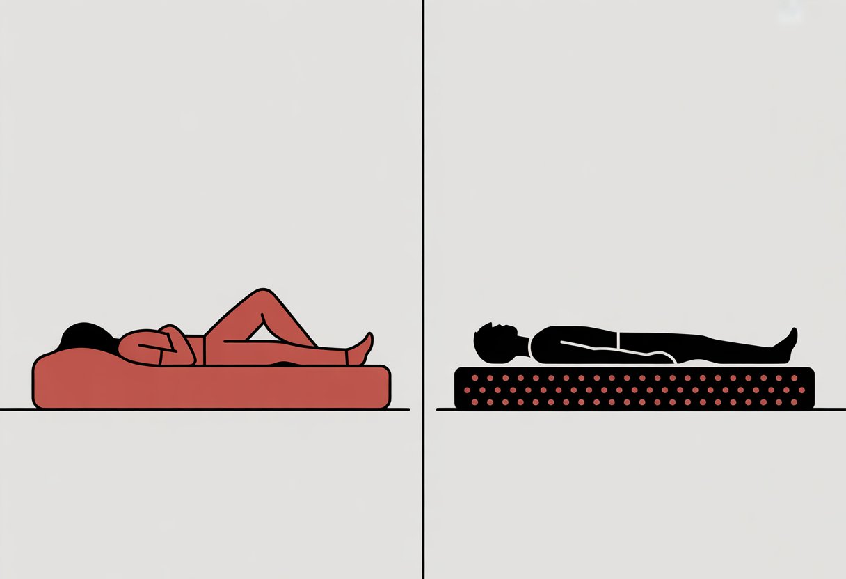 A split image showing a person lying on a memory foam mattress on one side and a latex mattress on the other, highlighting the difference in support and surface texture.