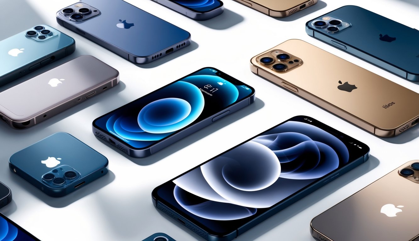 Beberapa model iPhone yang berbeda ditata rapi di atas permukaan putih bersih.