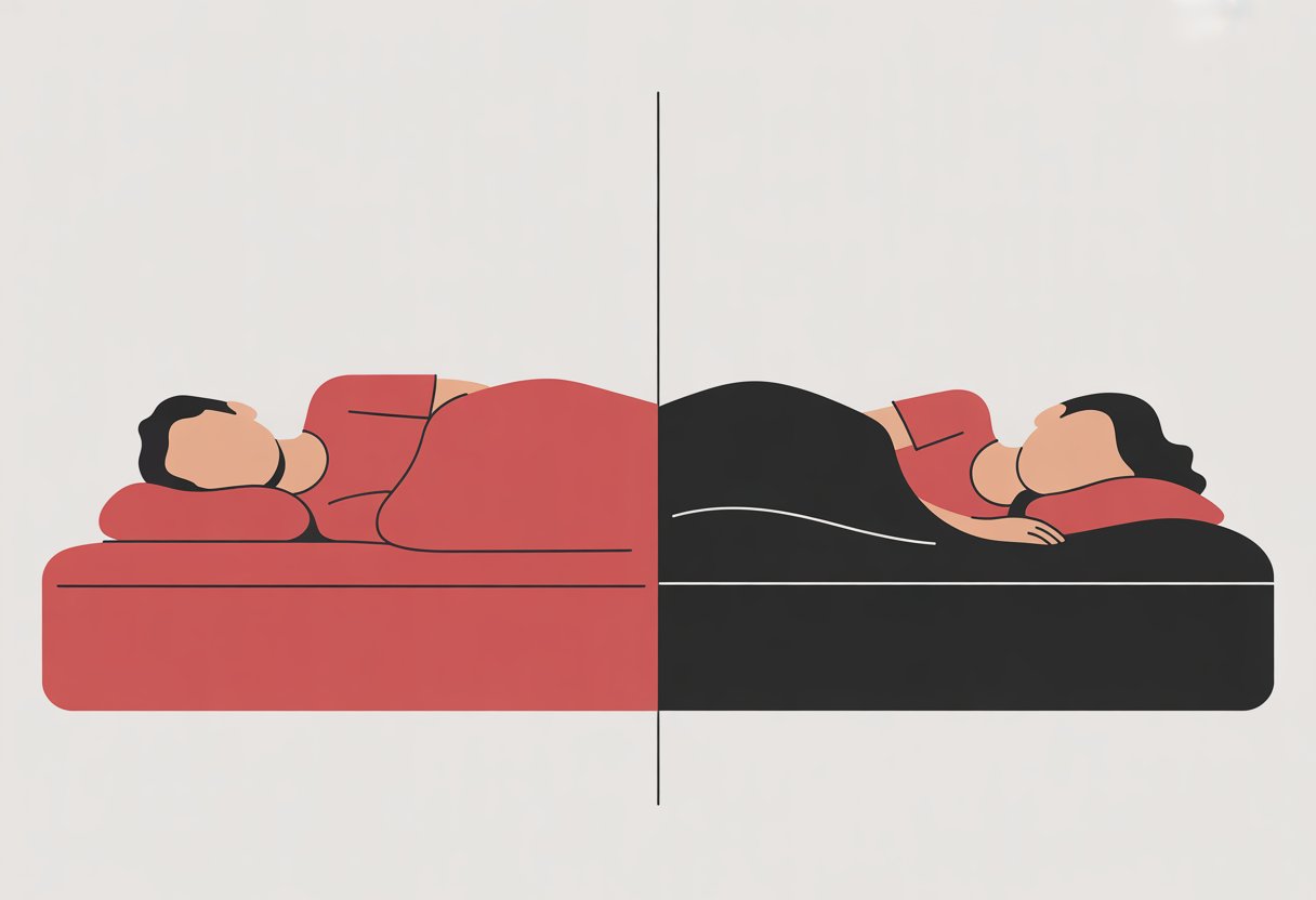 A split image showing a person lying on a red latex mattress on one side and the same person resting on a black memory foam mattress on the other side.