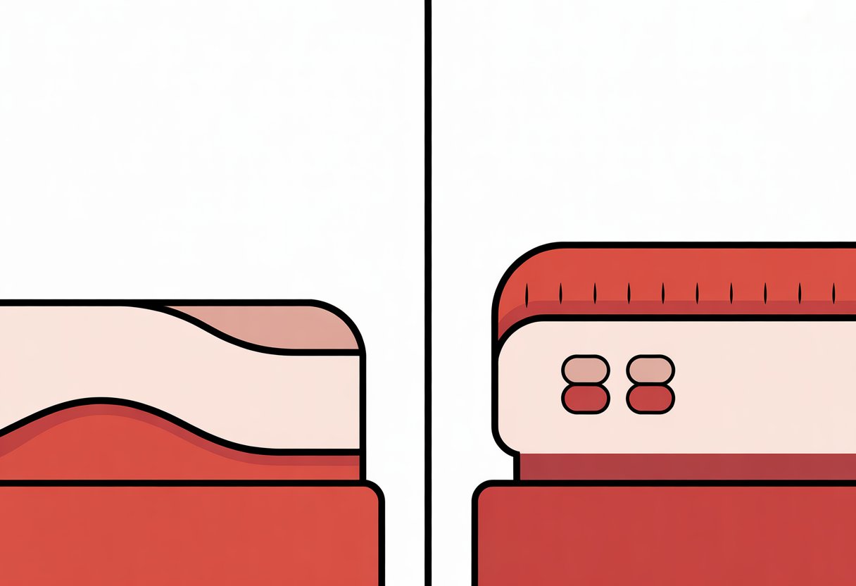 A split image showing a memory foam mattress on the left with smooth contours and a latex mattress on the right with small holes, both illustrated in red, black, and white.