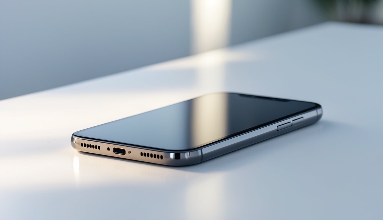 Sebuah iPhone Apple modern diletakkan di atas permukaan putih bersih.