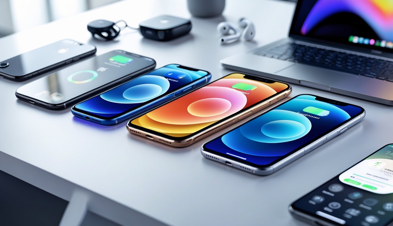 Beberapa model iPhone dengan berbagai ukuran dan warna ditata rapi di atas meja putih dengan latar belakang ruang kerja teknologi yang minimalis.