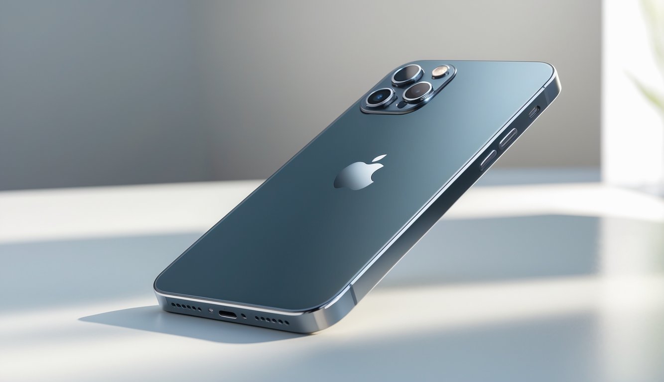 Sebuah iPhone terbaru diletakkan di atas permukaan modern dengan pencahayaan alami, menonjolkan desain dan kamera ponsel.