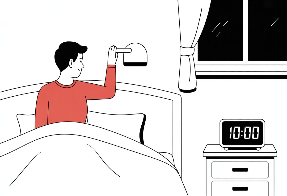A person turning off a bedside lamp while sitting on a bed in a bedroom with a nightstand and closed curtains.