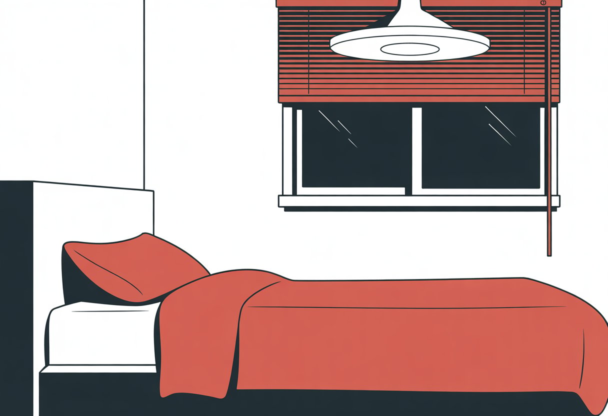 A simple bedroom with a made bed, a ceiling fan, and a window with closed blinds, creating a cool and comfortable sleeping environment.