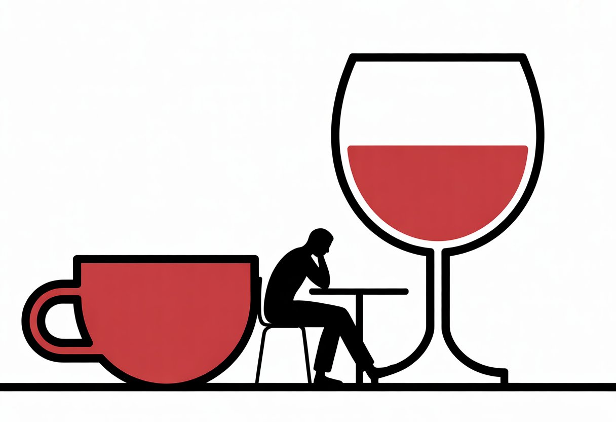 A simple scene showing a coffee cup and a wine glass on a table with a person nearby turning away from the drinks.