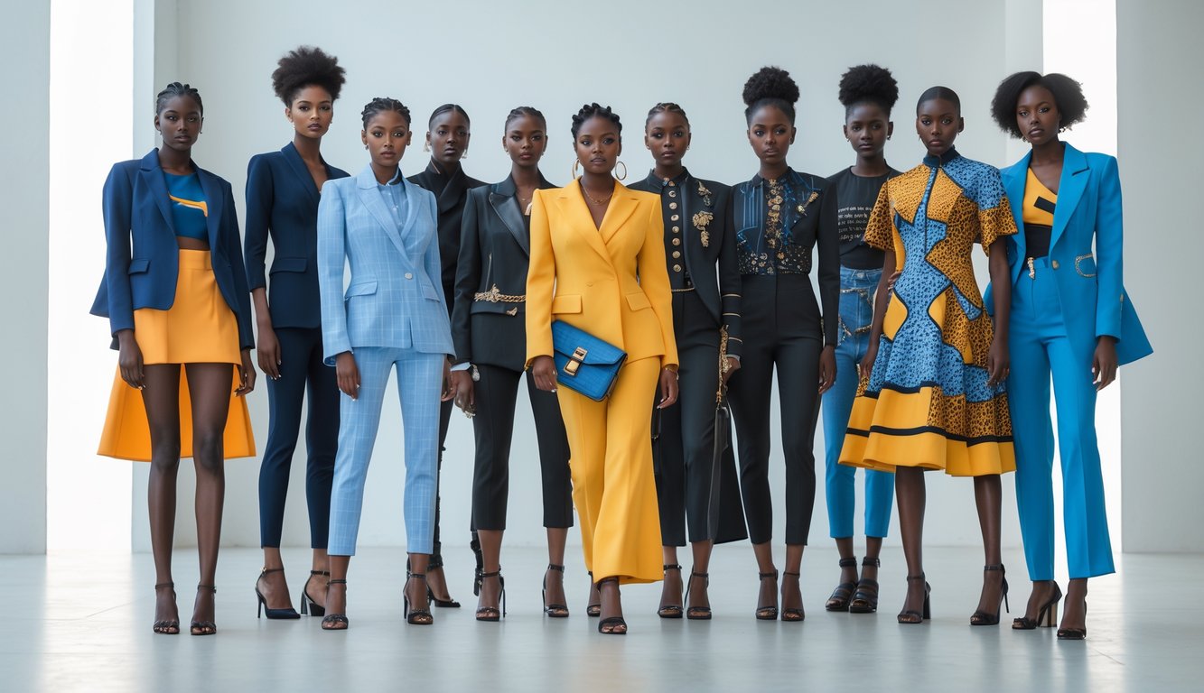 Sekelompok orang mengenakan berbagai pakaian modis terbaru tahun 2025 berpose bersama di studio.