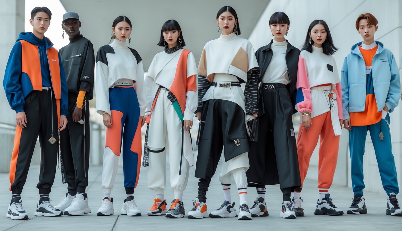 Sekelompok orang muda mengenakan pakaian trendi terbaru di lingkungan perkotaan modern.