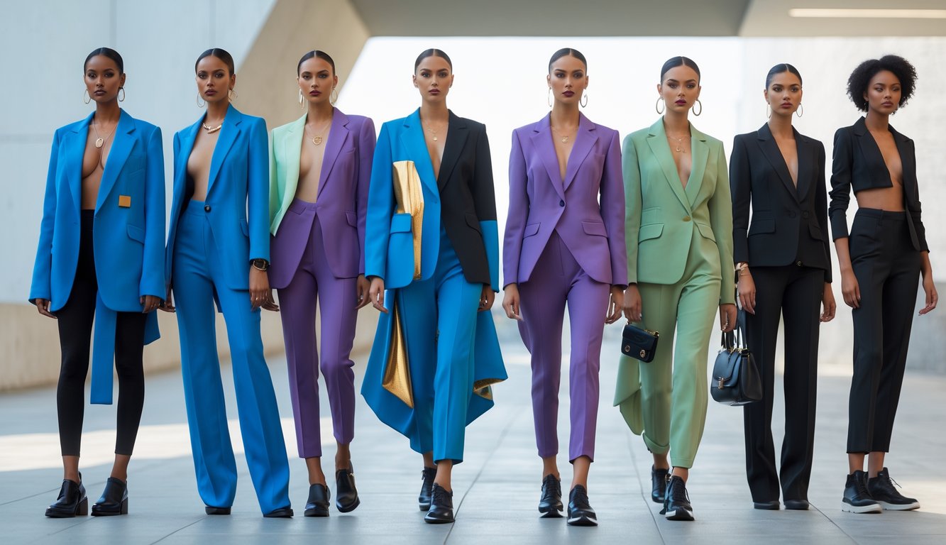 Beberapa model mengenakan pakaian modis terbaru di lingkungan kota modern.