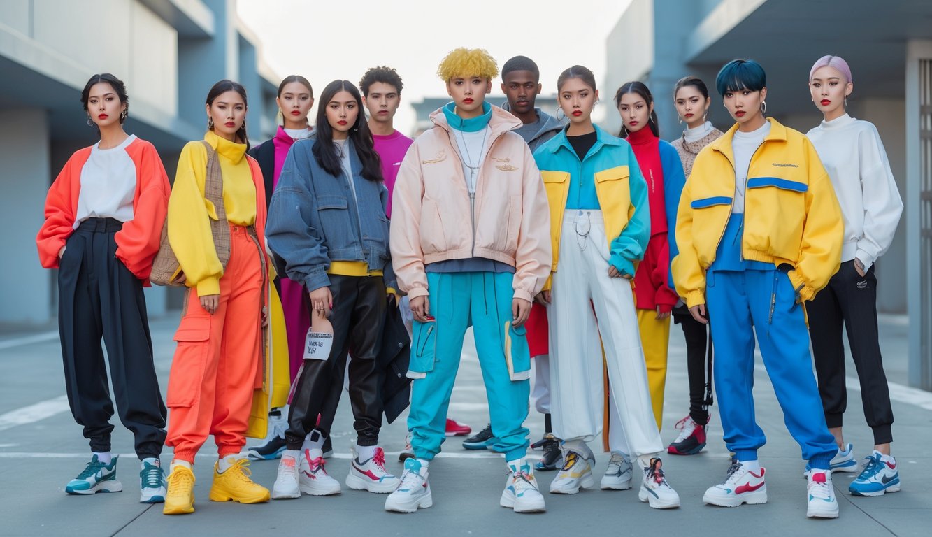 Sekelompok orang muda mengenakan pakaian modis di lingkungan perkotaan.