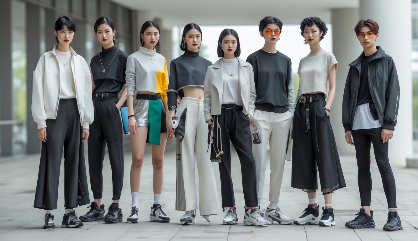 Sekelompok orang muda berbusana modern sedang berdiri di lingkungan kota yang bersih dan terang.