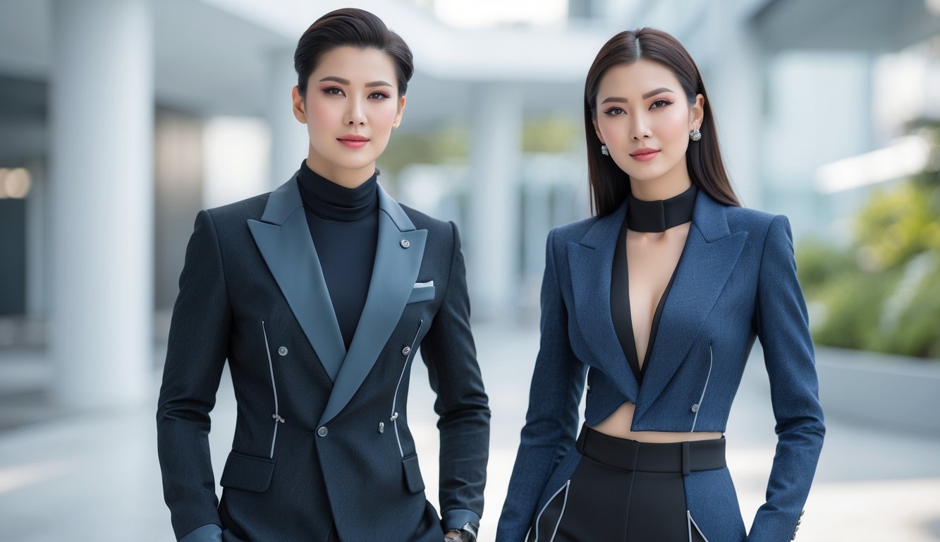 Seorang pria dan wanita berdiri bersama mengenakan pakaian modis tahun 2025 di lingkungan perkotaan.