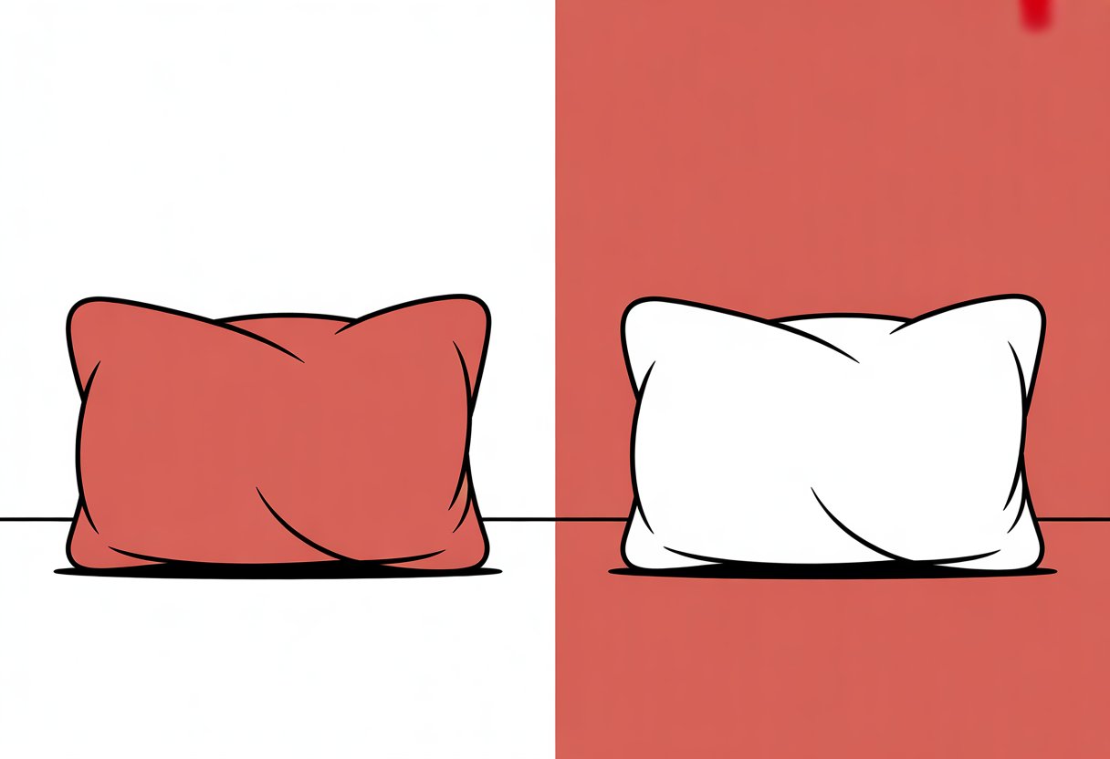 A split image showing a hard pillow on the left with sharp edges and a soft, rounded pillow on the right.