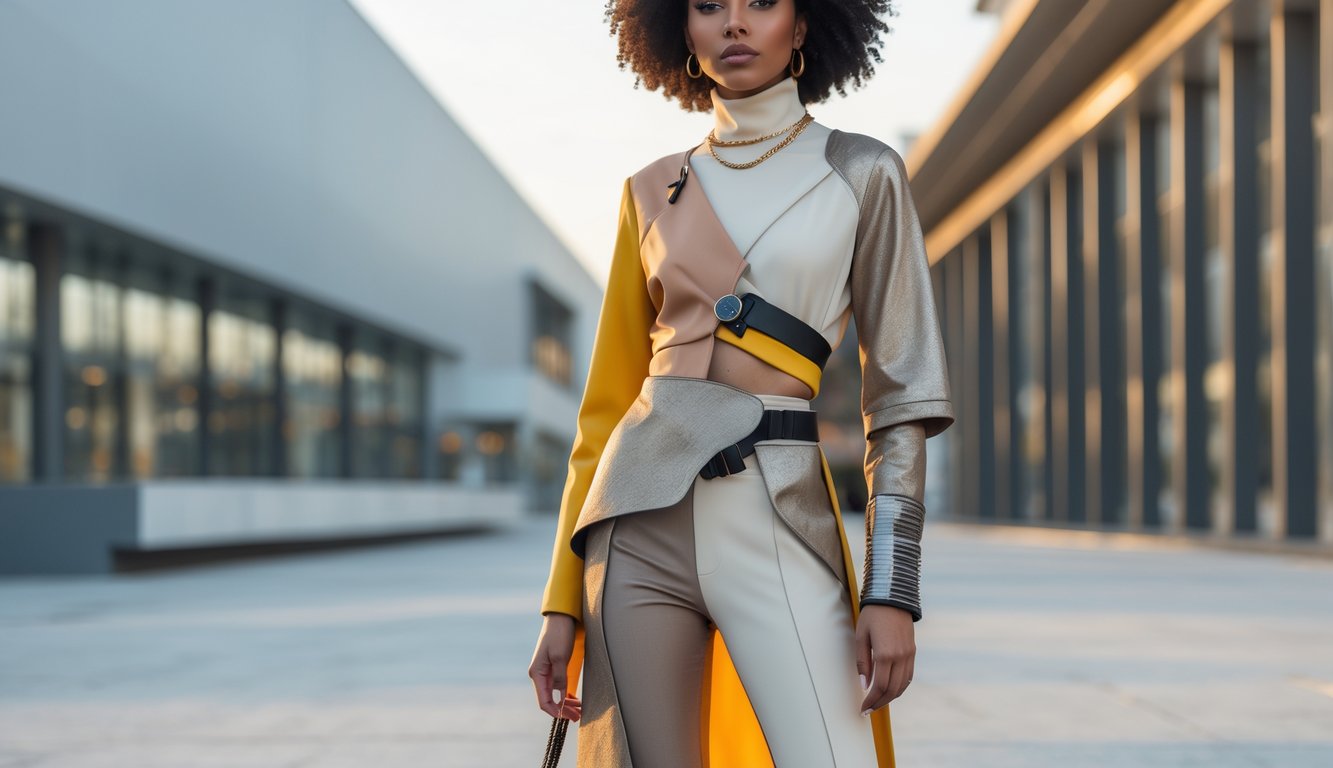 Seorang model mengenakan pakaian modis berdiri di latar kota dengan bangunan modern.