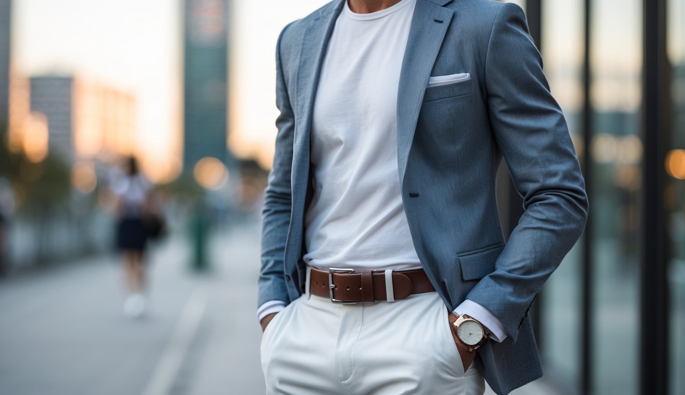 Seorang individu berdiri di lingkungan perkotaan mengenakan pakaian yang menggabungkan elemen kasual dan formal.