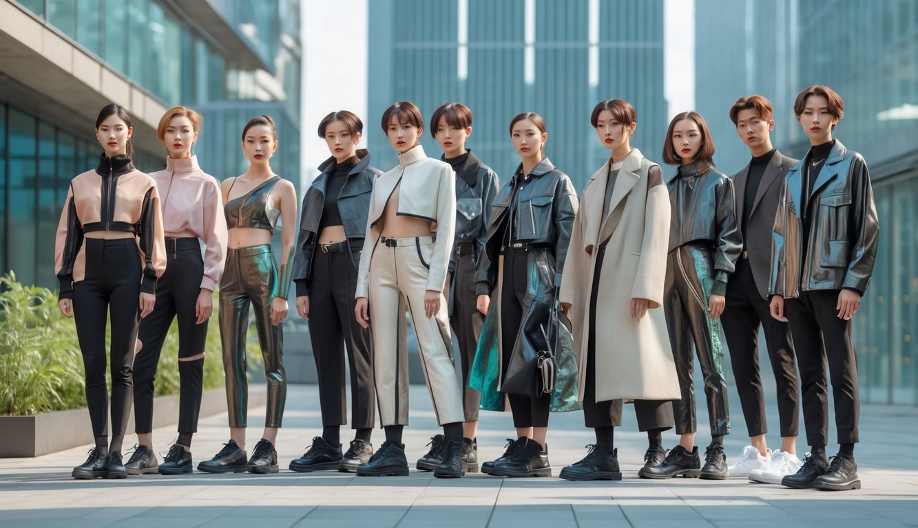 Sekelompok orang muda mengenakan pakaian modis di latar kota modern.