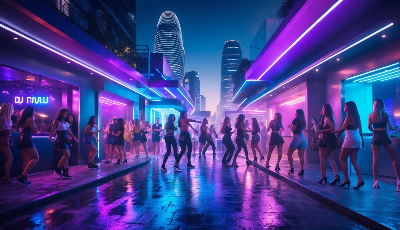 Kerumunan orang muda yang sedang bersenang-senang di luar dan dalam beberapa klub malam yang terang dengan lampu neon warna-warni di kawasan perkotaan pada malam hari.