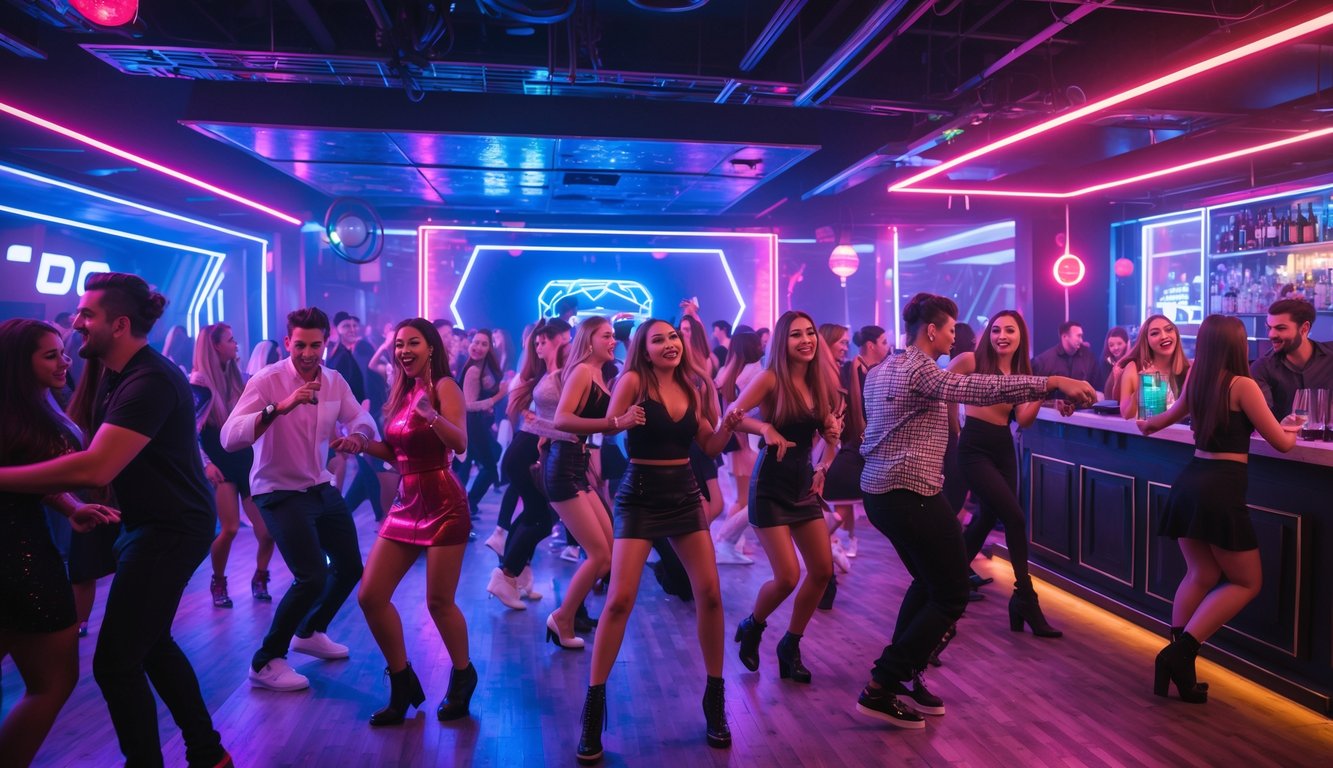 Orang-orang sedang menari dan bersenang-senang di dalam klub malam yang penuh warna dengan lampu neon dan DJ yang sedang bermain musik.