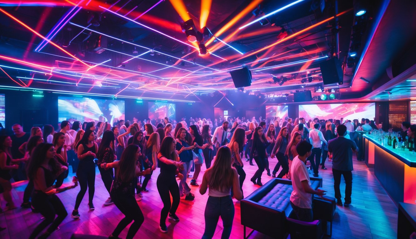 Kerumunan orang muda menari dan bersenang-senang di dalam klub malam yang ramai dengan pencahayaan warna-warni dan dekorasi modern.