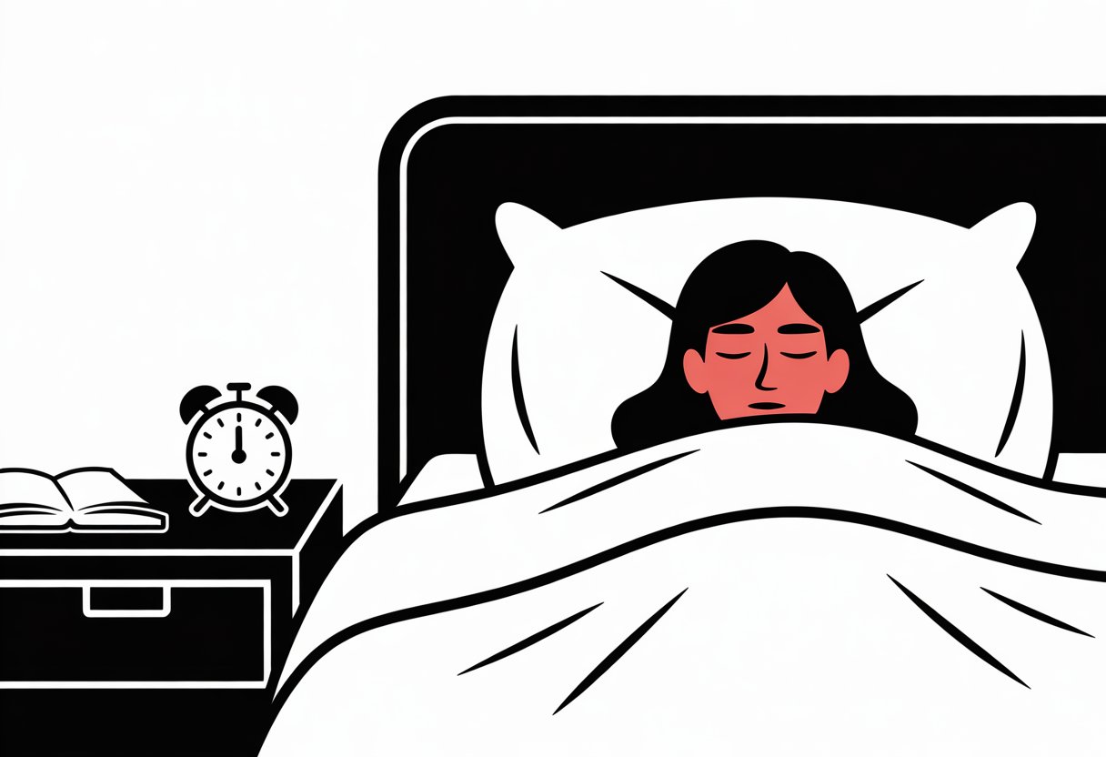 A person peacefully sleeping in a tidy bedroom at night with a bedside table holding a closed book and an alarm clock.