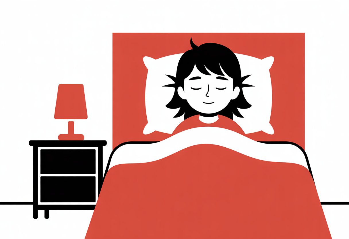 A student peacefully sleeping in bed with a bedside lamp glowing softly.