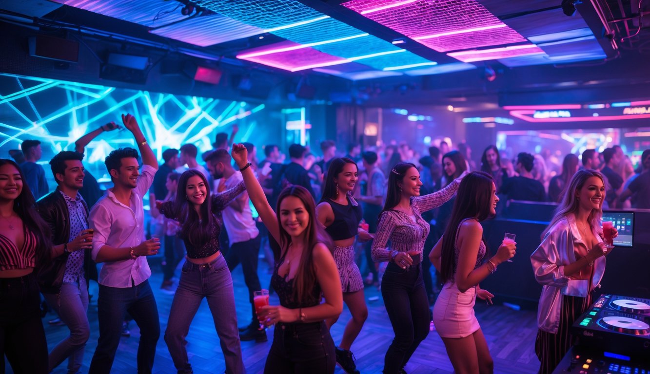 Sekelompok orang muda menari dan bersenang-senang di dalam klub malam yang penuh lampu warna-warni dan DJ sedang memutar musik.