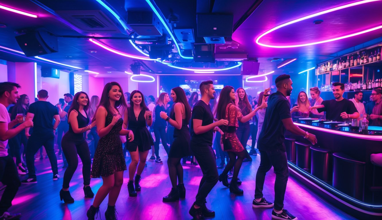 Suasana klub malam yang ramai dengan orang-orang menari dan bersosialisasi di bawah lampu warna-warni.
