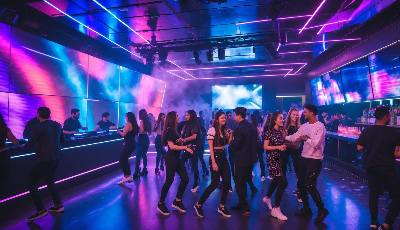 Suasana ramai di dalam klub malam dengan orang-orang menari dan bersosialisasi di bawah lampu warna-warni.