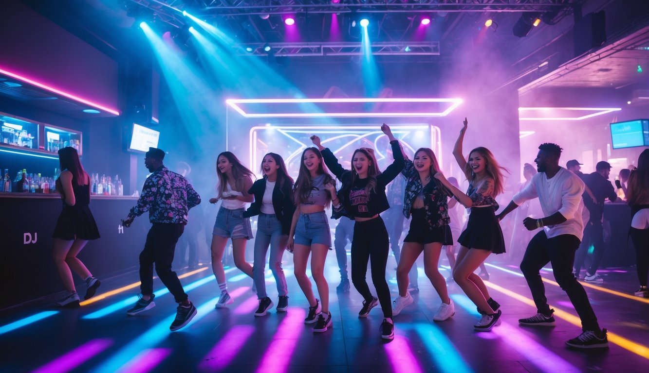 Kelompok anak muda sedang menari dan bersenang-senang di dalam klub malam yang ramai dengan lampu warna-warni dan DJ yang sedang bermain musik.