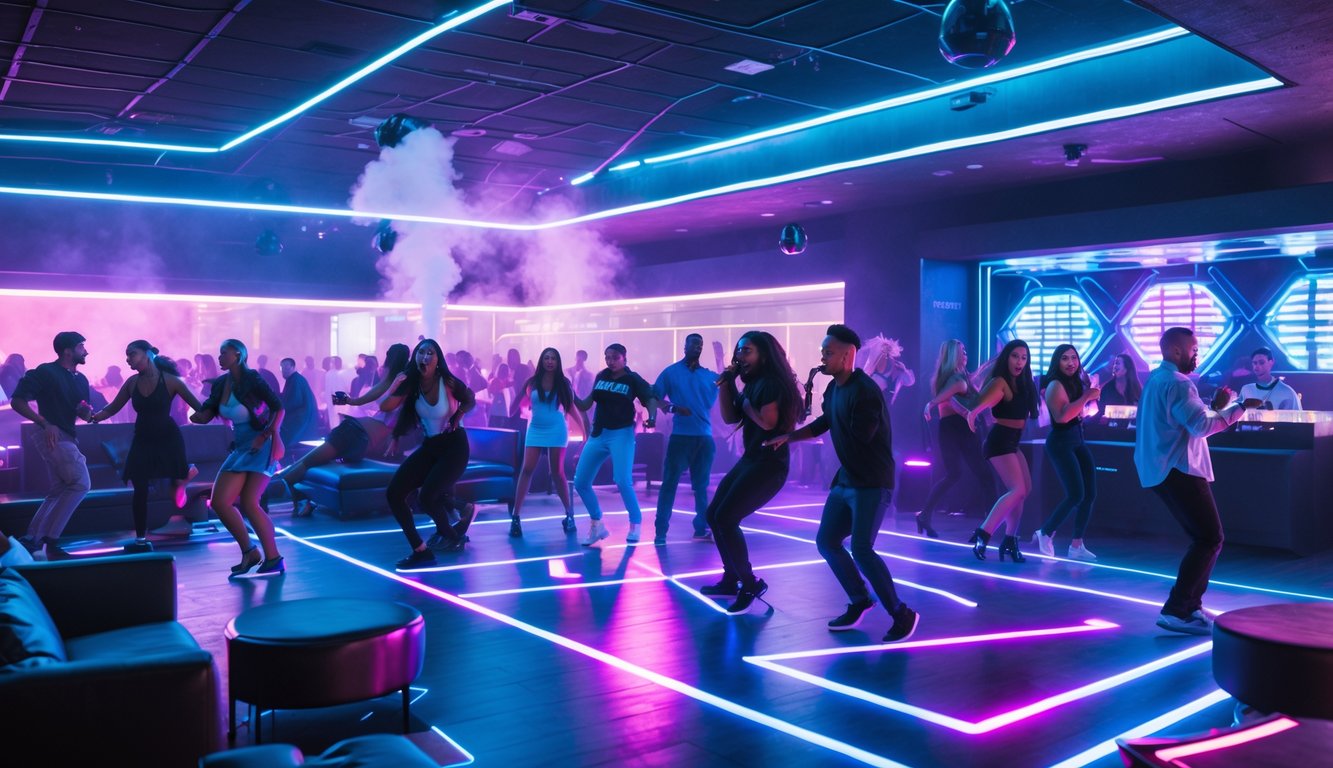 Suasana klub malam modern dengan orang-orang muda menari dan bersosialisasi di ruang berdansa yang terang dengan lampu neon berwarna-warni.