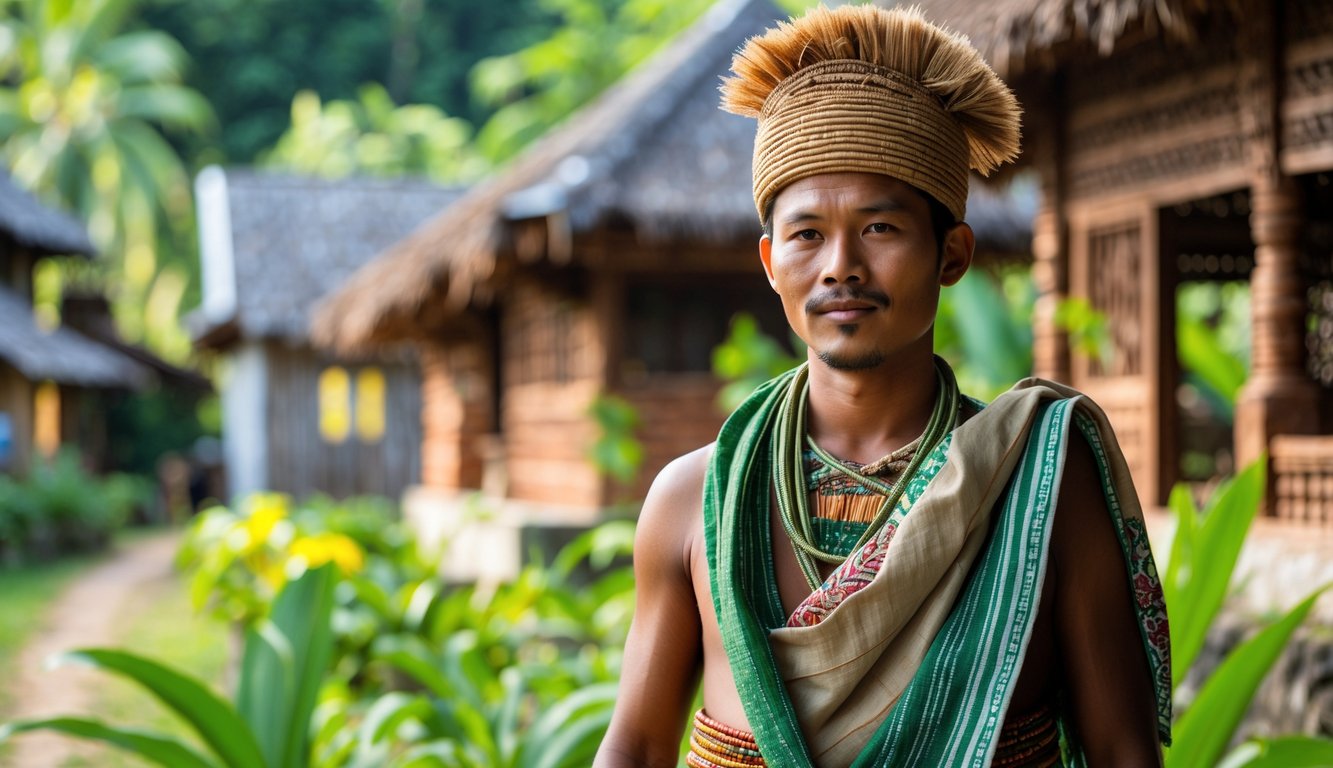 Seorang pria Suku Karo mengenakan pakaian tradisional berdiri di luar ruangan dengan latar belakang rumah tradisional dan pepohonan hijau.